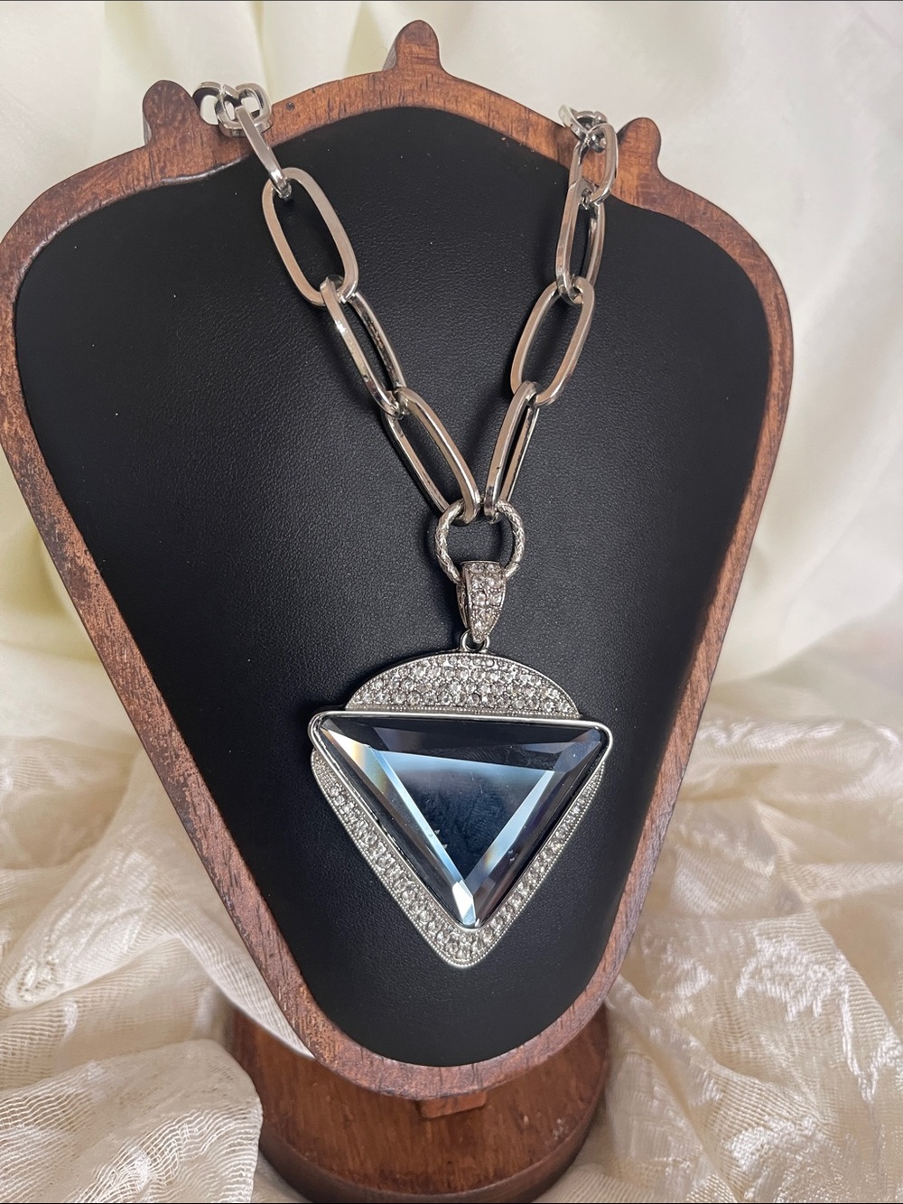 Silver-Tone Triangle Pendant Necklace with Gray Blue Crystal Accent